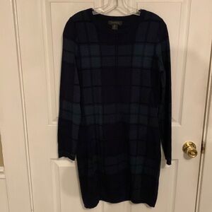 Tahari Navy Check Shift Long Sleeve Dress